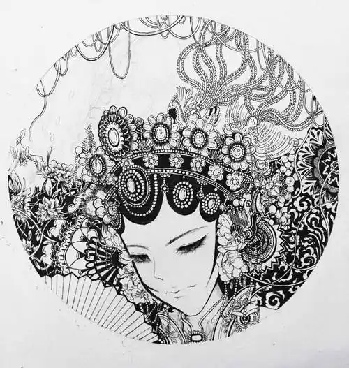 黑白插画: 国粹一景~ @_吴畏