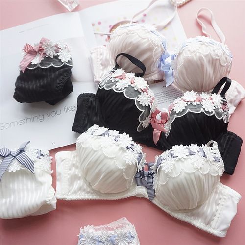 日系甜美小清新少女文胸套装水溶花绸带条纹薄杯聚拢可爱内衣裤