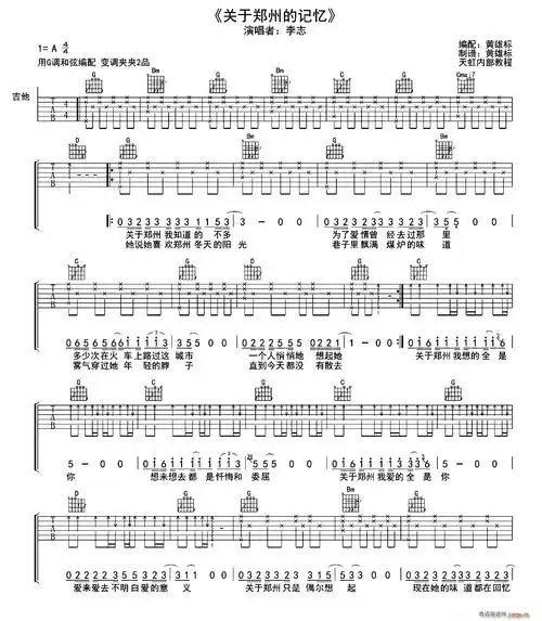 关于郑州的记忆(黄雄标编配版) 李志 歌谱简谱网