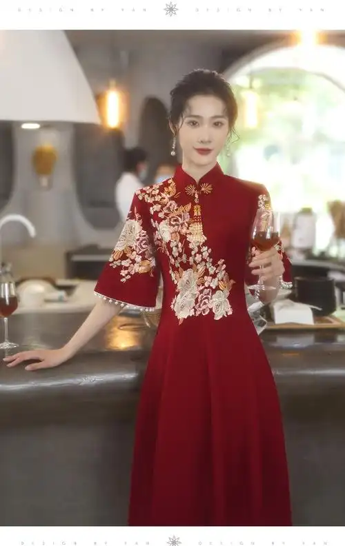 丽佰昕大码中式敬酒服新娘2021胖mm夏季旗袍酒红色结婚礼服裙女薄款