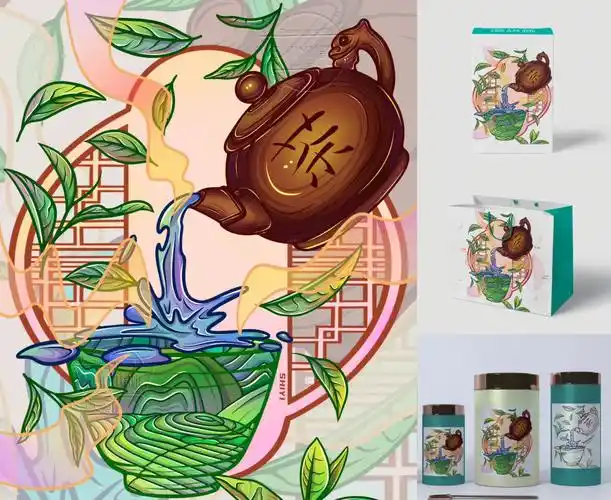 原创茶叶包装插画舞茶国潮风手绘打卡