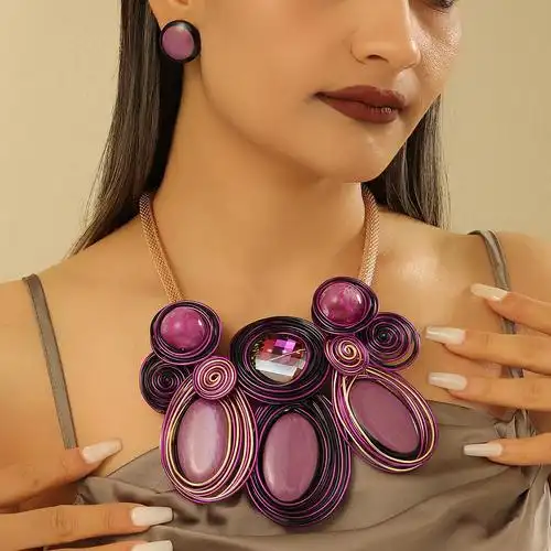 欧美巴洛克项链手工树脂铝丝花朵造型项链耳环套装跨境necklace