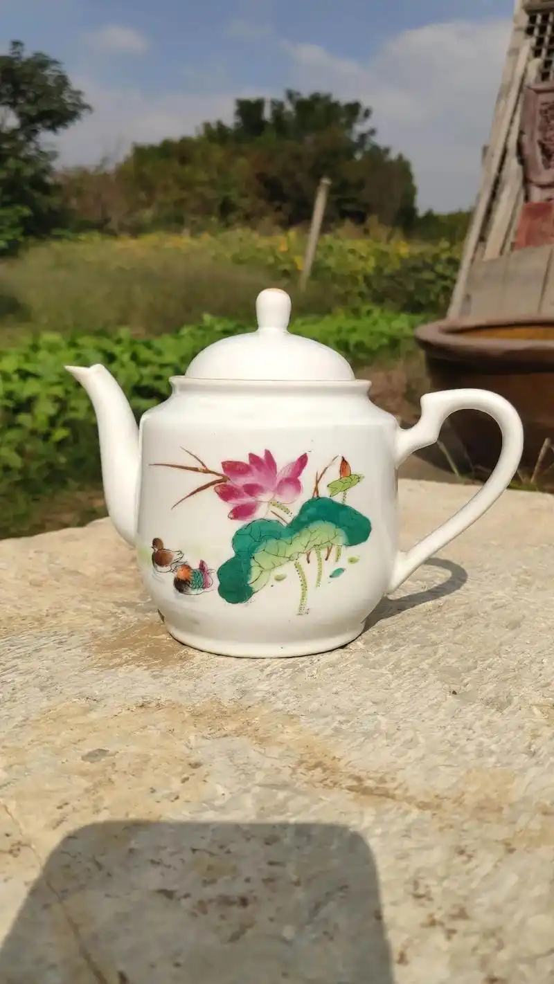 景德镇瓷!手绘粉彩鸳鸯戏水老茶壶!全品! - 抖音