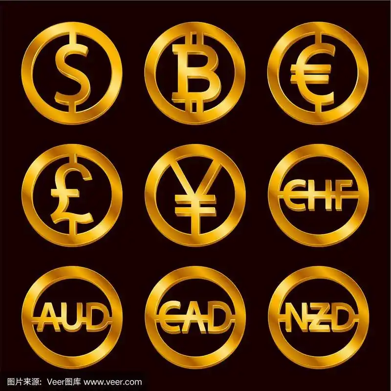 世界货币符号:美元符号,比特币,欧元符号,英镑符号,瑞士法郎等.