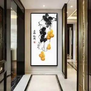 新中式入门玄关装饰画竖版过道走廊尽头挂画葫芦招财五福临门壁画
