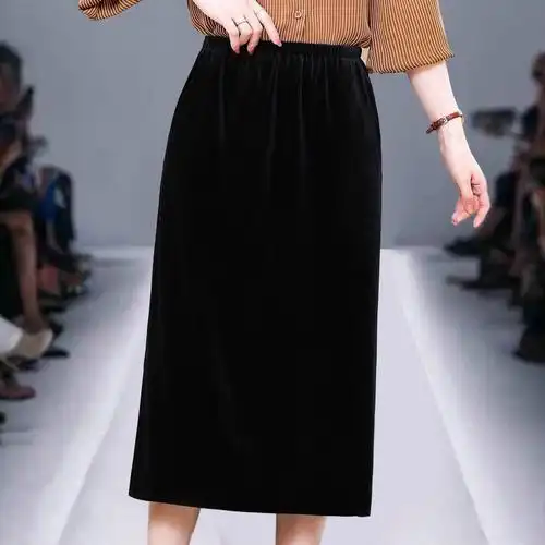 美帛新款丝绒包臀裙女半身裙黑色垂直感中长裙纯色百搭裙
