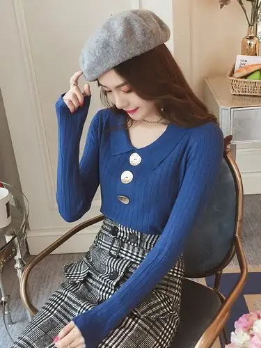 休闲打底针织衫女纯色修身显瘦长袖短款薄毛衣上衣早秋季2018新款