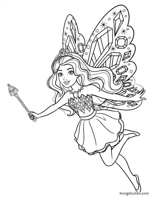 拿着星星魔法棒的芭比娃娃公主填色图片大全-红豆饭小学生简笔画大全