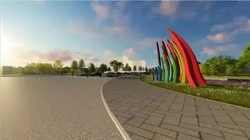 异型构筑物组合成为街头景观标识利用彩虹的元素提升转角绿地可观赏性