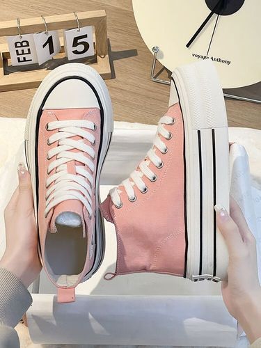 grosfairy春天女生穿的学生高帮帆布鞋板鞋莓莓红粉色高帮帆布鞋女