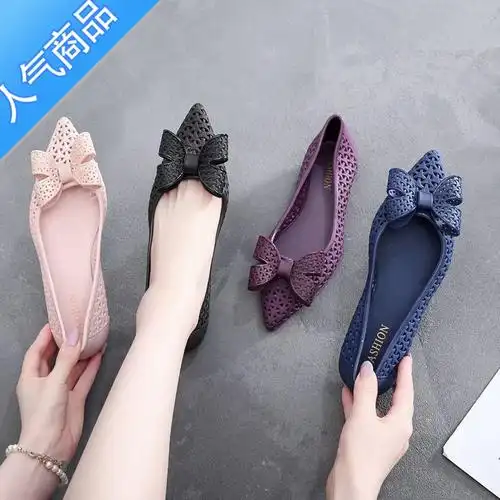 suntek2023复古蝴蝶结尖头果冻鞋镂空低跟塑料凉鞋女防水沙滩鞋洞洞