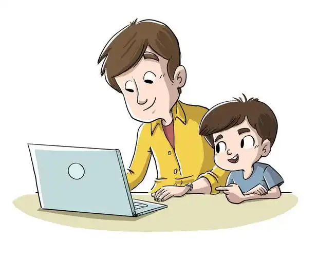 手绘卡通插画风格和爸爸一起用电脑的孩子图片免抠矢量图