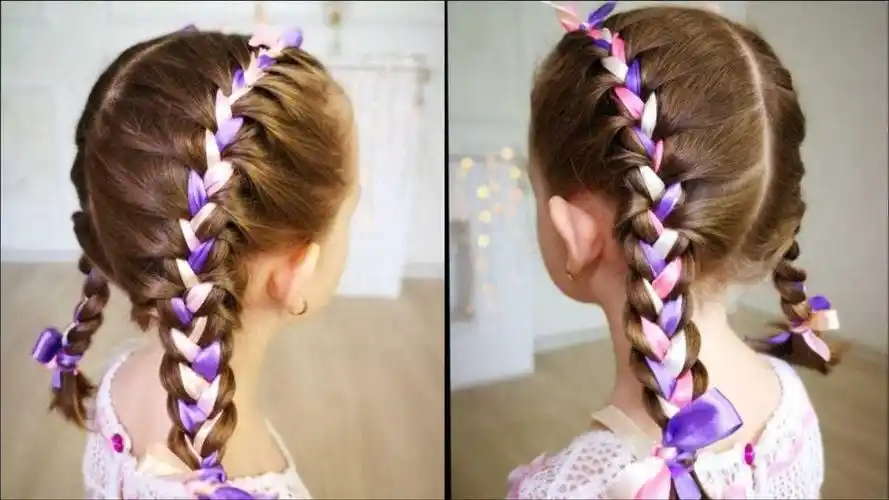 儿童编发:鲜艳的彩带小公主双马尾编发,可爱的女儿出门发型
