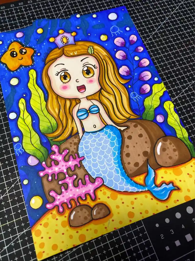 儿童画|《美人鱼》|马克笔过程 临摹美人鱼  纸:a5荷兰白卡 勾线笔