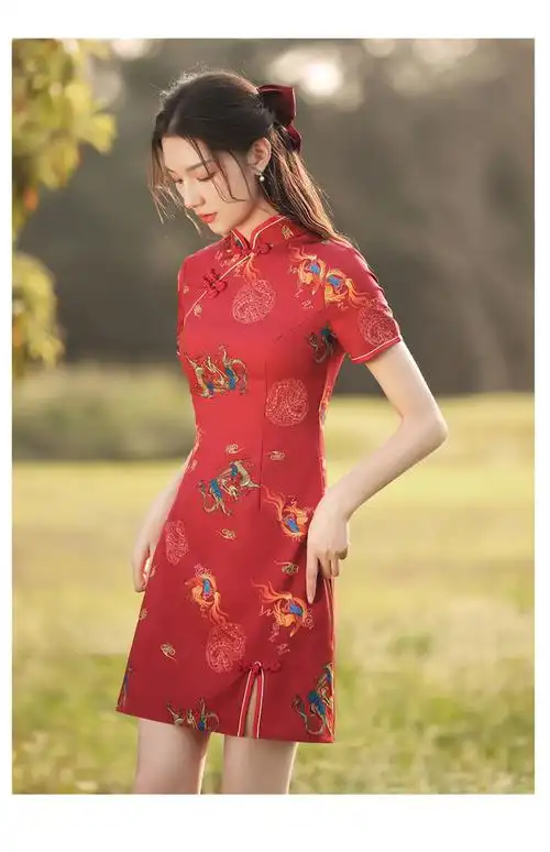 祺袍中长连衣裙小个子旗袍年轻款少女2021年新款复古红色中国风国潮