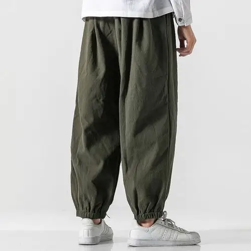 中国风加绒男士复古灯笼裤男冬季束脚裤宽松亚麻休闲裤大码哈伦裤