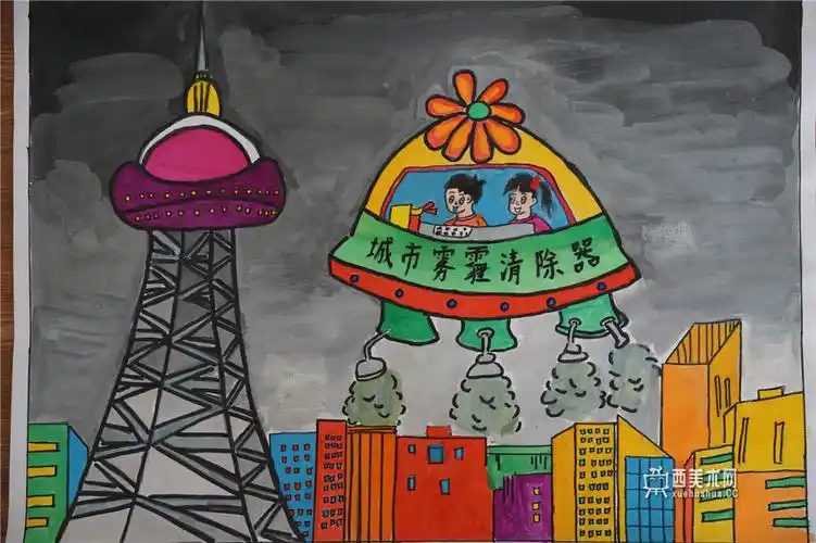 三等奖儿童科幻画《雾霾清除器》