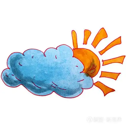 在白色的背景上绘制儿童水彩云卡通太阳
