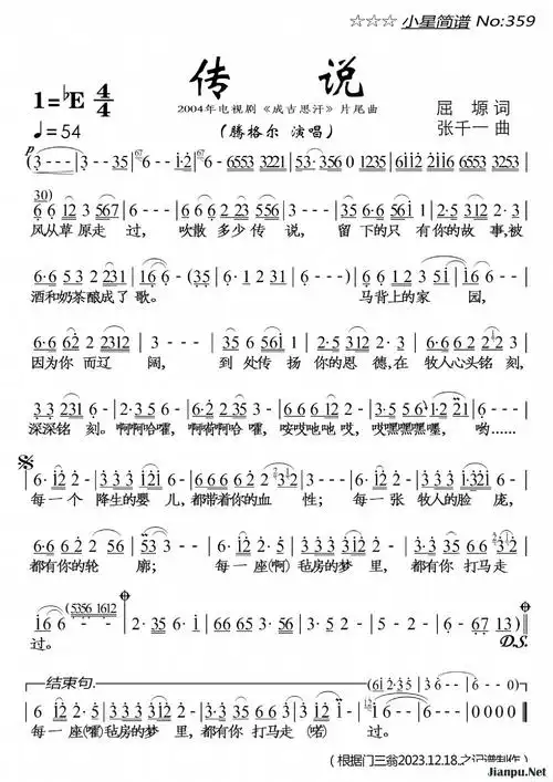 《传说》简谱腾格尔原唱 歌谱-落红制谱-钢琴谱吉他谱|www.jianpu.net