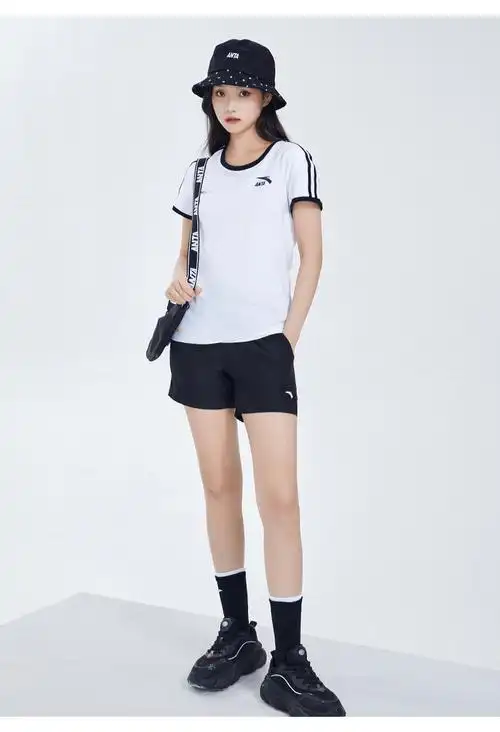 安踏女装短袖t恤女夏季运动圆领条纹字母透气易干薄款女士休闲短袖