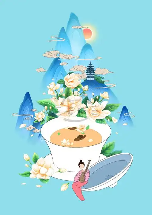 国风微观场景插画茉莉花茶