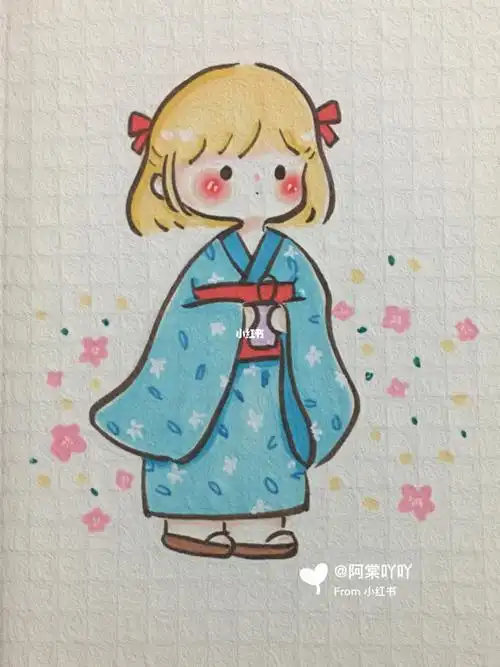 可爱简笔画和服小姐姐附线稿