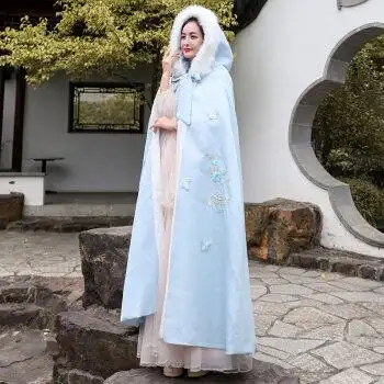 古装汉服斗篷学生披风女秋冬加厚保暖披肩长款连帽外搭中国风仙气蓝色