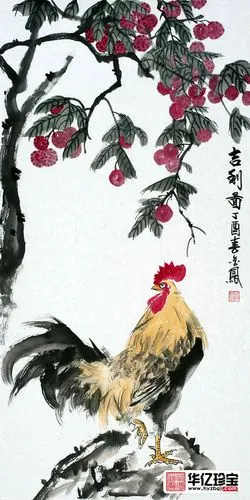 张金凤写意花鸟画荔枝公鸡图吉利图