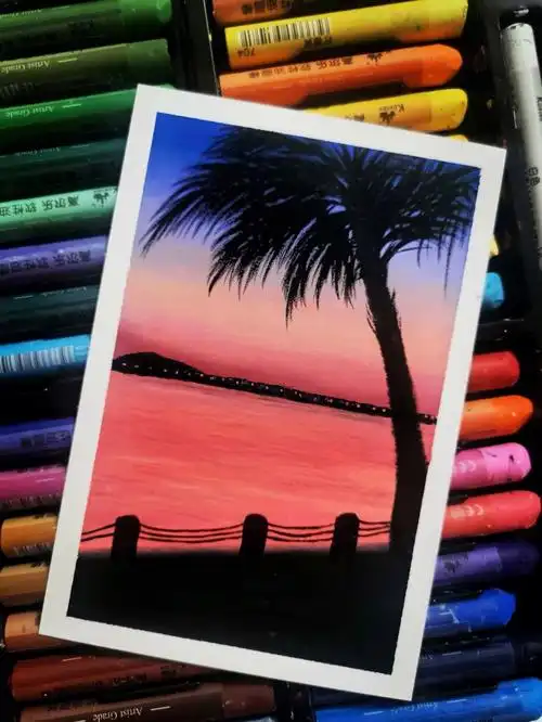 油画棒岸边的落日风景画附步骤