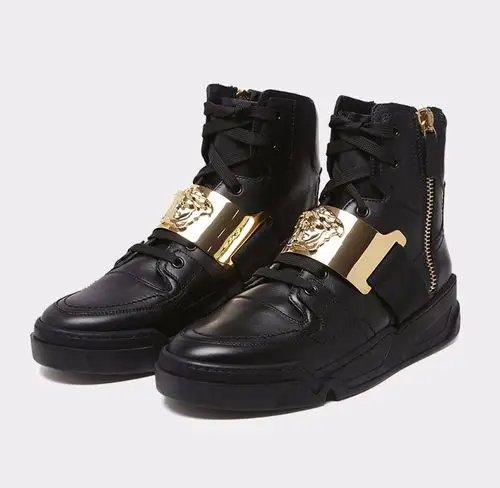 versace 范思哲 男士黑色牛皮金色拉链高帮休闲鞋 dsu6001 dvg3g d41
