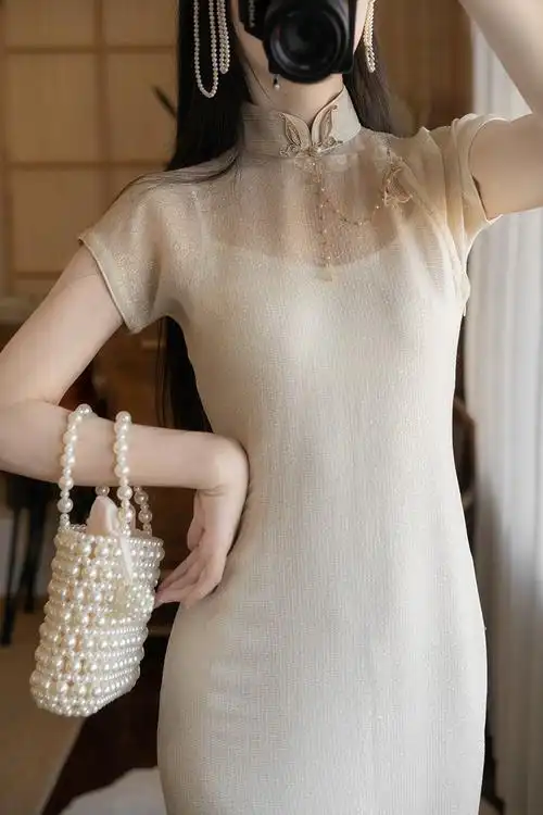 一片式星月良辰真丝金丝薄纱旗袍鱼尾连衣裙原创修身晓公子