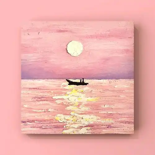 油画棒第24幅粉色系海边风景画附过程