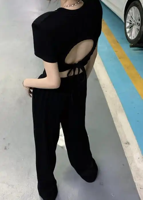 夏天露后背上衣女生性感露背装辣妹套装女设计感小众露背绑带短袖夏季