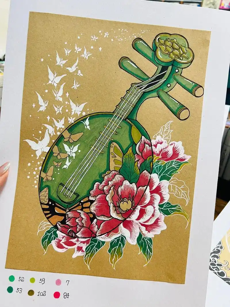 创意美术画姑娘喜欢的乐器琵琶画出来感觉还不错色彩搭配也不错