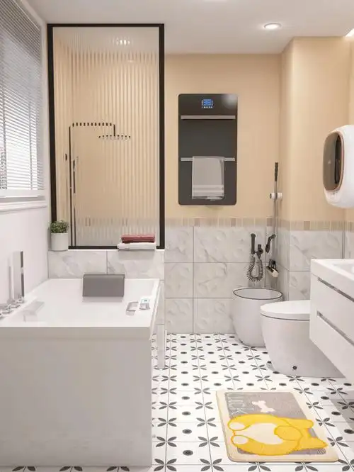 99卫生间刚好4平米大,暖色调装修使整体的温馨感十足~矮墙板 玻璃板