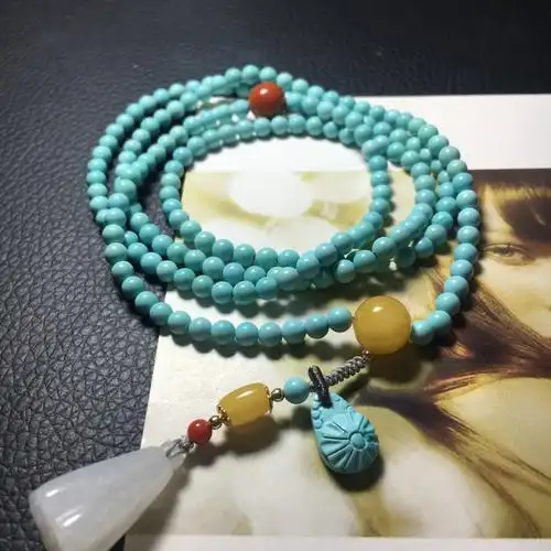 精编长款松石项链,全净松石圆珠直径4,搭配天然珊瑚,烤色蜜蜡,南红