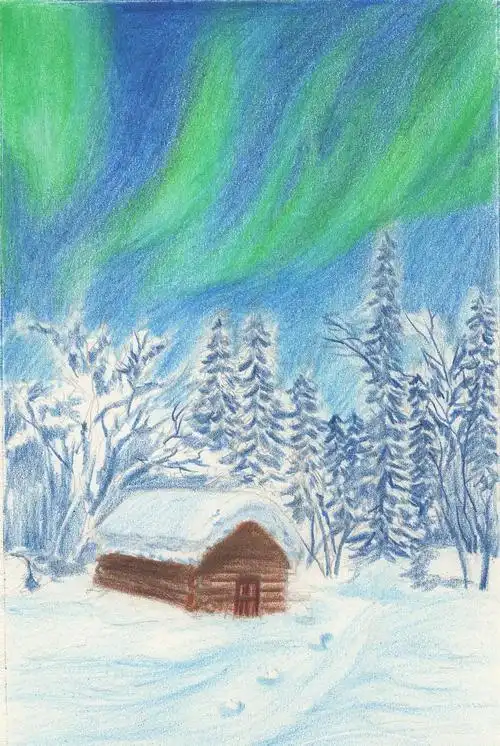 彩铅风景10雪夜极光