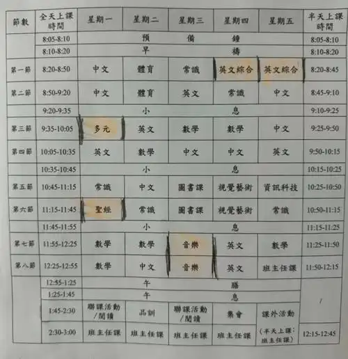 这是弟弟的课程表,下午基本上都是各种活动.