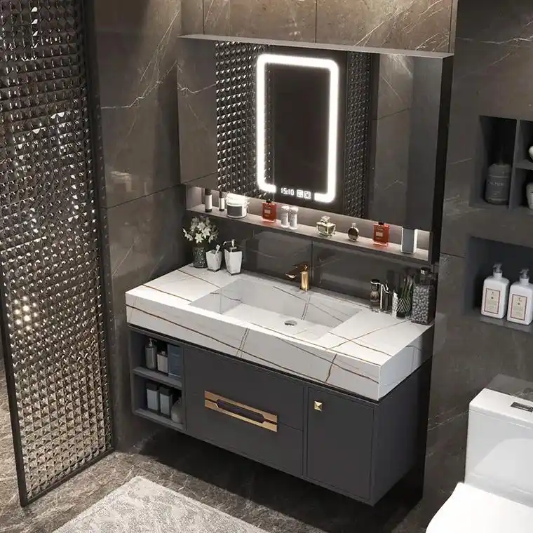 高端岩板一体盆洗漱柜#好物推荐97 #洗脸盆组合柜推荐 #浴 - 抖音