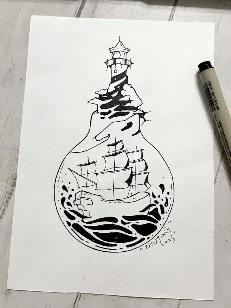 乘风破浪#绘画过程分享 #手绘 #黑白线描画 #钢笔画速写  - 抖音