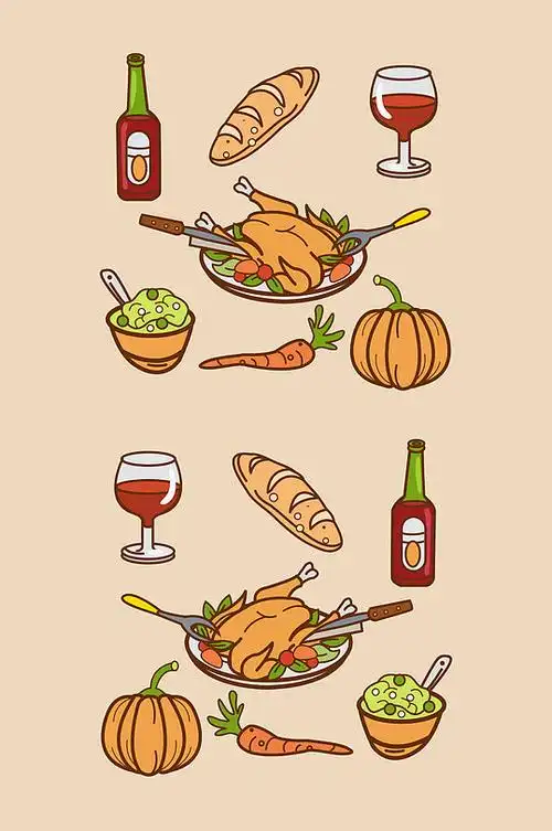 一套手绘感恩节晚餐元素矢量