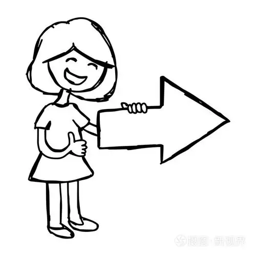 插画矢量手绘制的嘟嘟的小女孩微笑着拿空白箭头向右