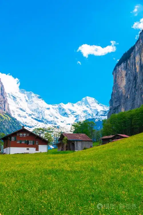 绿色的山坡上的小木屋瑞士的阿尔卑斯山劳特布龙嫩瑞士