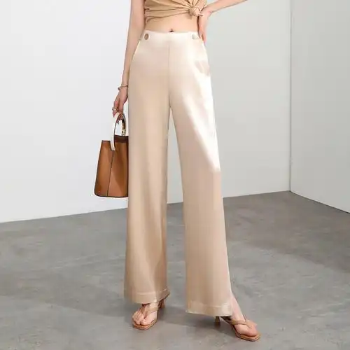 三醋酸缎面阔腿裤女2021春夏新款高腰垂感直筒开叉真丝绸缎长裤子