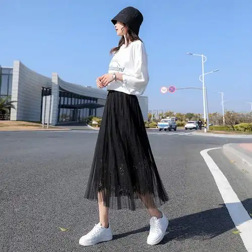 黑纱裙半身女夏h季2022春款显瘦a字长裙黑色百褶中长款垂感纱裙子