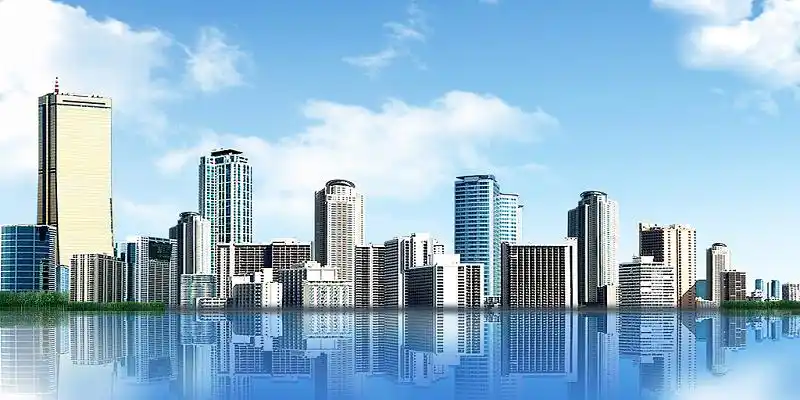 名片蓝色大气背景素材蓝色花朵城市建筑简约文艺房地产展板背景房地