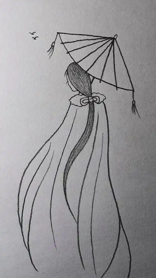 古风打伞美女侧脸简笔画.