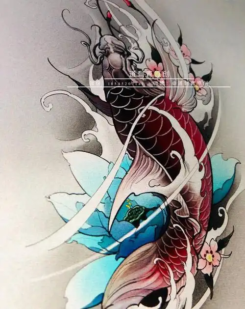 鲤鱼荷花纹身图片_腿部手臂新传统鲤鱼荷花纹身图案