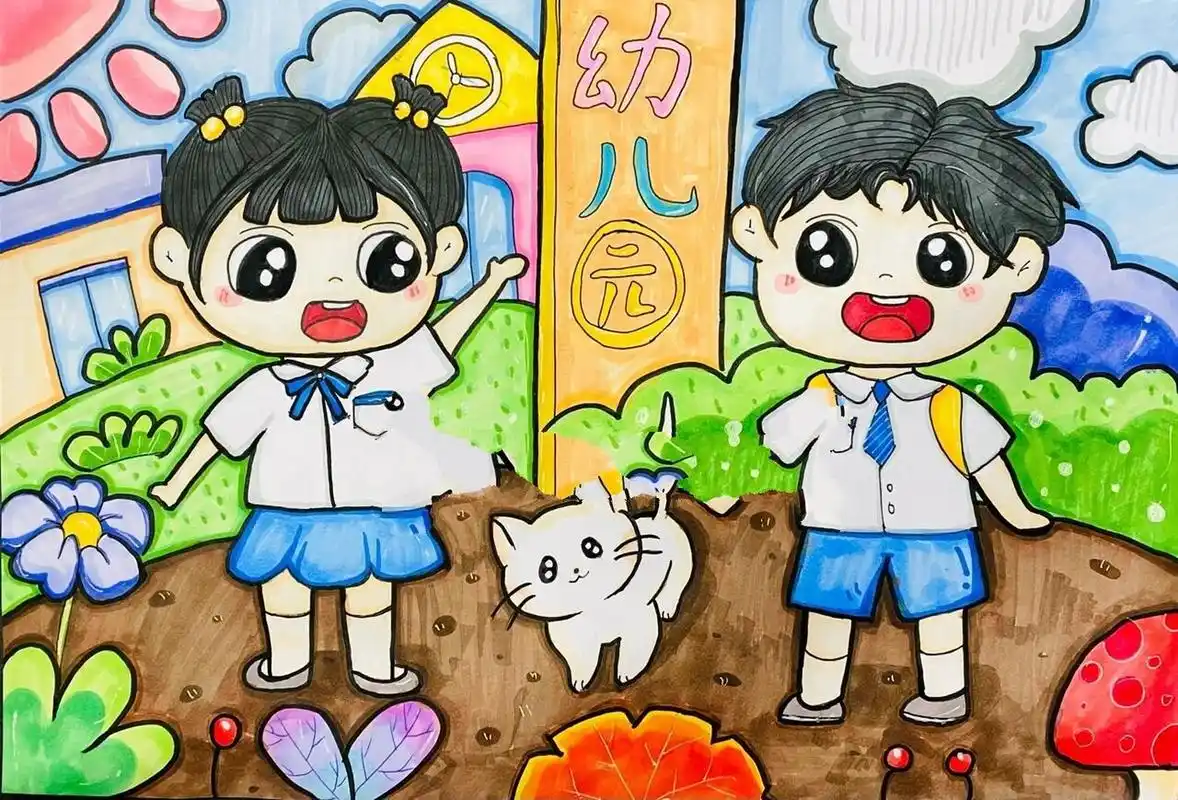 上学路上主题画|儿童简笔画 上学路上主题画,儿童简笔画.