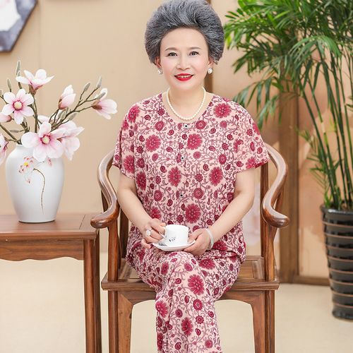 奶奶装夏装冰丝短袖两件套装中老年女装妈妈60岁70老人夏天衣服女